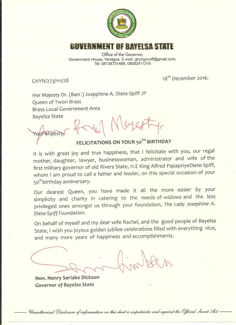Commendation from Henry Seriake Dickson